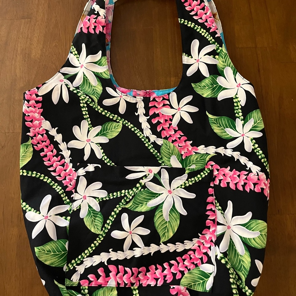 Blue and Pink Floral Women's Reversible Tote Bag